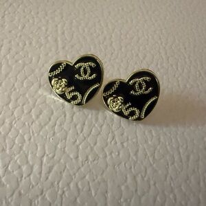 New upcycled Chanel Heart-Shaped Black and Gold Earrings